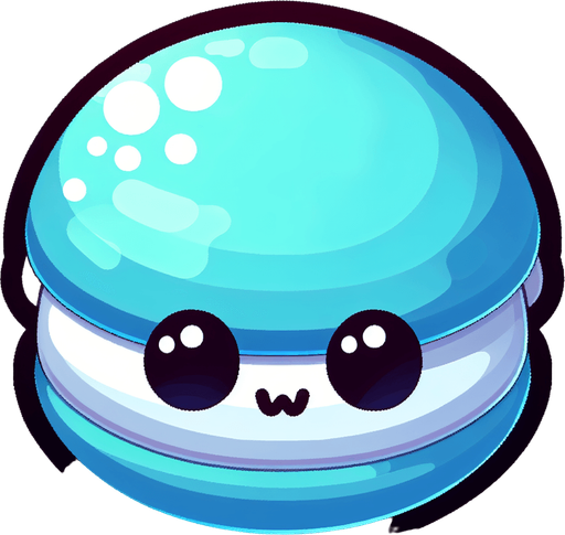 macaron bleu avec un visage mignon..
Single Game Texture.  In-Game asset.  2d.  Blank background.  High contrast.  No shadows