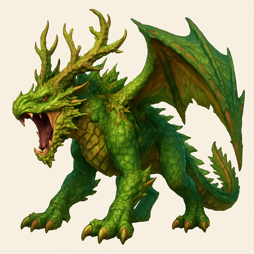 Different standing dragon of forest on four legs, he's head is down and opened mouth to shout. HD colors.
Single Game Texture. In-Game asset. 3D. Blank background. High contrast. No shadows.