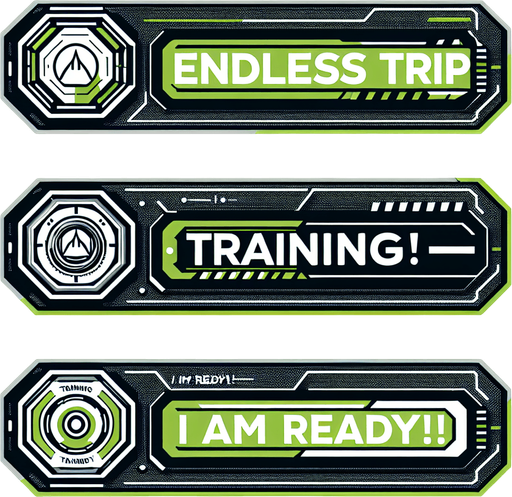3 buttons that read:
Endless Trip
Training!
I am ready!
Futuristic font. White black and green..
Single Game Texture. In-Game asset. 2d. Blank background. High contrast. No shadows.