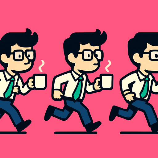 Intern holding a coffee cup running 3 frames.
In-Game asset.  2d.  High contrast.  No shadows