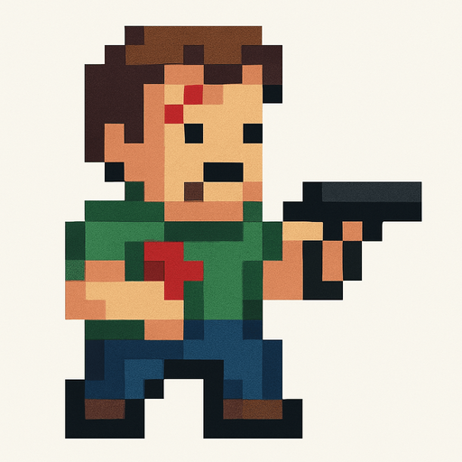 16x16 pixel wounded guy holding pistol.
In-Game asset.  2d.  High contrast.  No shadows. pixel art. retro arcade game