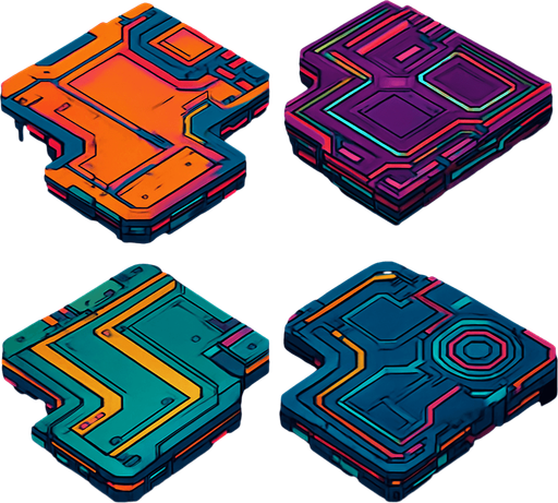 Futuer complicated floors. Cyberpunk. Abstract. separated. Different colors. HD colors.
In-Game asset.  2d.  High contrast.  No shadows