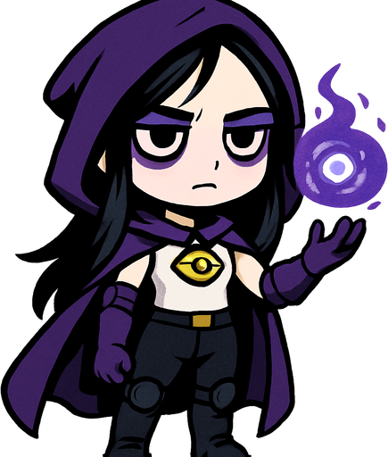 Una maga en estilo chibi/cuerpo completo. Es una joven de unos 20 años, de cabello negro largo y suelto, con piel blanca pálida y ojeras marcadas que le dan un aire misterioso. Viste una capa morada que cubre su espalda y cae con elegancia, con guantes a juego del mismo color. Su atuendo consiste en una camiseta blanca sin mangas, pantalón negro ajustado y protecciones en los codos y rodillas para un toque práctico. En el cuello lleva un collar con un amuleto en forma de ojo dorado brillante, que resalta como símbolo mágico. Su expresión es seria y enigmática, transmitiendo el aire de una hechicera experimentada a pesar de su juventud..
In-Game asset.  2d.  High contrast.  No shadows