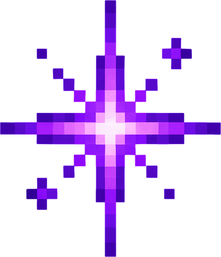 Genera una imagen de un destello brillante morado pixel.
In-Game asset.  2d.  High contrast.  No shadows