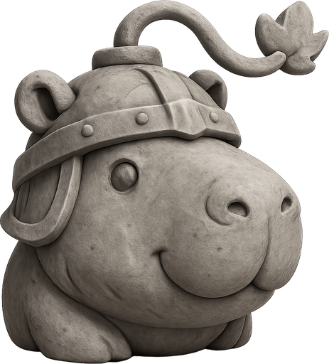 Recrealo en una escultura. Utiliza un estilo cartoon. Usas colores grises. Recuerda que es un capibara usas sus rasgos y formas. Damelo sin fondo