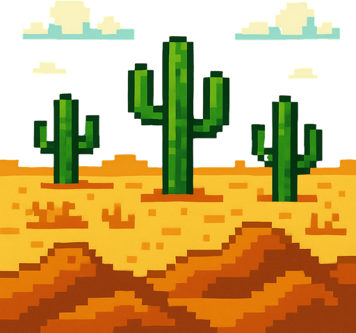 Make a 2D image of a pixelated desert.
In-Game asset.  2d.  High contrast.  No shadows