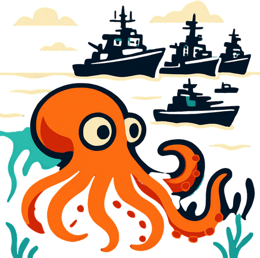 un pulpo naranja viendo que barcos de guerra vienen a atacar su hogar marino.
In-Game asset.  2d.  High contrast.  No shadows