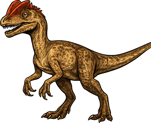 A medium-sized Dilophosaurus dinosaur in a standing pose on a transparent background. It has a slender body with light brown and tan scales, featuring distinctive paired crests on top of its head colored in reddish hues. The head is elongated with sharp teeth visible in a slightly open mouth. Its limbs are muscular with sharp claws, and the tail is long and straight. The skin texture shows a mix of small scales and patches of rougher skin, giving a realistic predatory look..
In-Game asset.  2d.  High contrast.  No shadows