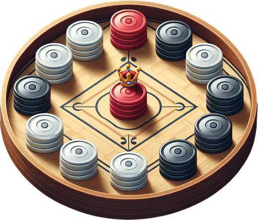 White Coins: Smooth white with subtle shadows.

Black Coins: Matte black with light edges for visibility.

Red Queen Coin: Slightly larger or shinier with a glossy red finish.


All assets should be around 30–40 pixels in diameter.

Assets should look good on a wooden-style carrom board..
Single Game Texture.  In-Game asset.  2d.  Blank background.  High contrast.  No shadows