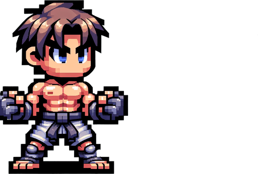 Fighter with 2 fight gloves, full body, mini fighter, big head, chibi.
Single Game Texture. In-Game asset. 2d. Blank background. High contrast. No shadows, detailed pixel art style