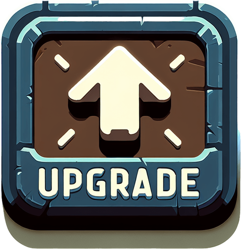 Upgrade button to buy upgrades.
Single Game Texture. In-Game asset. 2d. Blank background. High contrast. No shadows.