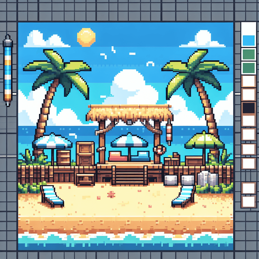pixelart cartoon beach background for a mobile screen..
Single Game Texture. In-Game asset. 2d. Blank background. High contrast. No shadows.
