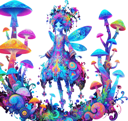 A whimsical fairy girl adorned in vibrant psychedelic colors, seamlessly blending with an array of fantastical mushrooms. Her ethereal form radiates a kaleidoscope of neon hues, creating a mesmerizing aura that dances with every movement. Mushrooms of various shapes and sizes adorn her attire and surroundings, adding an otherworldly charm to her enchanting presence.
Single Game Texture. In-Game asset. 2d. Blank background. High contrast. No shadows.