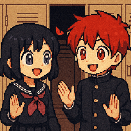 Pixel art. A red-haired 15-year-old anime-style boy with red eyes and a girl with purple eyes in Japanese school uniforms, both with large, expressive eyes and oversized irises to look super kawaii, are talking cheerfully while looking into each other’s eyes and gesturing with their hands. They are standing very close to a row of school lockers. In the center locker, a pair of glowing red eyes peer through the slats. The eyes belong to a hidden yandere—obsessed, crazy, and jealous—whose face and body remain completely obscured in the darkness inside the locker. The mood is lighthearted between the boy and girl, contrasting with the eerie presence watching them from the shadows.