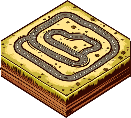 A plain in a comic style with a dirt road with 4 turn staring to top to the botom see from a top and 50 meter high view Single Game Texture. In-Game asset. 2d. Blank background. High contrast. No shadows.