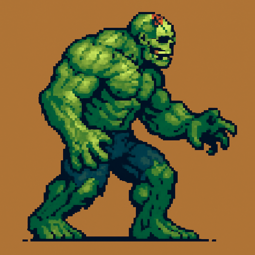 A large muscular zombie. left in a side view.
pixel art.
In-Game asset.  2d.  High contrast.  No shadows