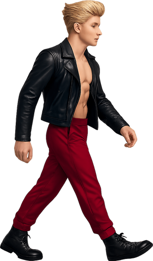 Same pose profile view walking animation, shiny black leather biker jacket longsleeves shirtless Skinny abs blonde pompadour guy, wine red joggers combat boots, Background removed, "Full-body character, entirely in frame, no cropping of face, head, or feet" "Complete character visible, from head to toe, fully centered in the image" "Entire character, including face and boots, fully within the frame" Character fully contained within a square frame, no edges cut off fashion model idle pose