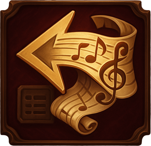 Design a button icon for "Back to Menu" in a fantasy tower defense game set in a haunted, musical concert hall.

The button should feature a stylized arrow pointing left, wrapped in or formed by musical elements such as a ribbon of notes, a bass clef, or a scroll with a staff line.

The background should be elegant and soft: deep velvet red or dark wood with subtle glow.
Optional: add a small menu symbol (like sliders or a parchment icon) subtly integrated behind or beneath the arrow.

Keep the icon square (256×256 px), readable at small sizes, and without text.
Style should match the UI of the game—refined, fantasy-themed, and orchestral in tone..
In-Game asset.  2d.  High contrast.  No shadows