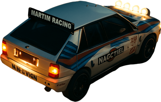 Photorealistic Lancia Delta Rallycar in nightlight, drone topview from back and 45 degrees angle in top right corner