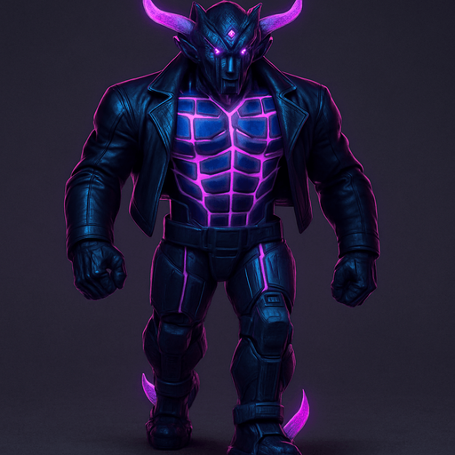 Black leather biker jacket longsleeves bare segmented neon cyberpunk pecs abs muscles robot monster hunk Neon cyberpunk 3d hologram corporate occult demon android mecha robot sentinel guard soldier machine monster fully in frame no part cut off no background anime futuristic Background removed, "Full-body character, entirely in frame, no cropping of face, head, or feet" "Complete character visible, from head to toe, fully centered in the image" "Entire character, including face and boots, fully within the frame" Character fully contained within a square frame, no edges cut off  horns through boots Walking animation