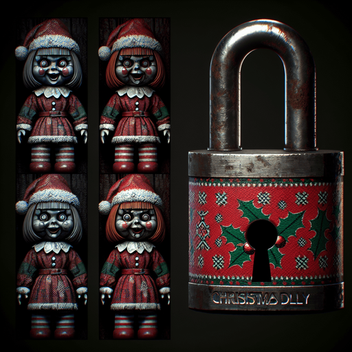 eerie christmas inspired christmas doll lock with a resident evil style.
Single Game Texture. In-Game asset. 2d. Blank background. High contrast. No shadows.