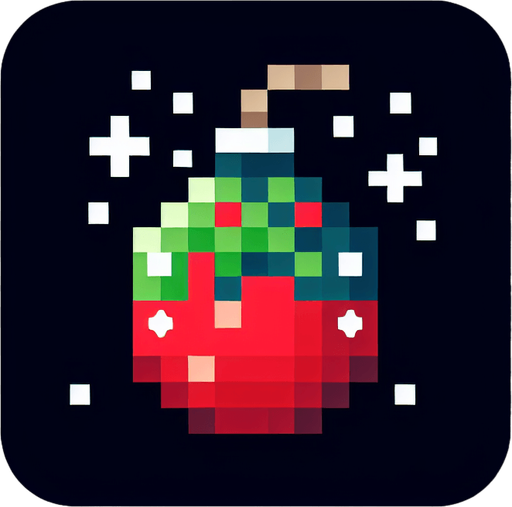 16 bit CHRISTMAS bomb power up icon.
Single Game Texture. In-Game asset. 2d. Blank background. High contrast. No shadows.