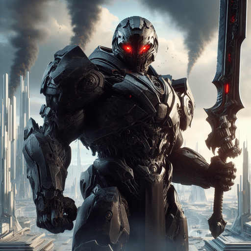 {
 "A dark and intimidating enemy, standing tall in a futuristic battlefield. They wear black, heavy armor, with glowing red eyes visible through a helmet. The background shows a war-torn city, with smoke rising from ruined buildings. The enemy holds a large, menacing sword, ready for battle. Their posture is aggressive, exuding power and malice. The atmosphere is tense, with a sense of impending doom.".
Single Game Texture. In-Game asset. 2d. Blank background. High contrast. No shadows.