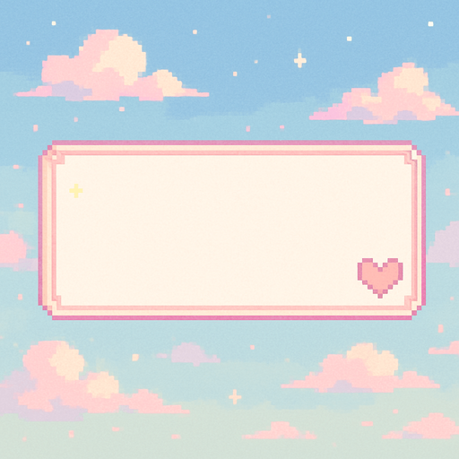 Ilustración en Pixel Art de un Name Box blanco, característico de una novela visual romántica, con detalles en colores pastel. El cuadro no contiene texto.