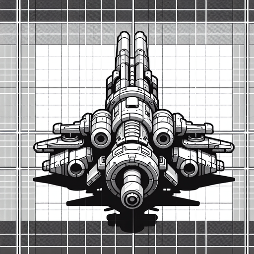 A hero space ship with cannon looking upwards.
Single Game Texture. In-Game asset. 2d. Blank background. High contrast. No shadows.