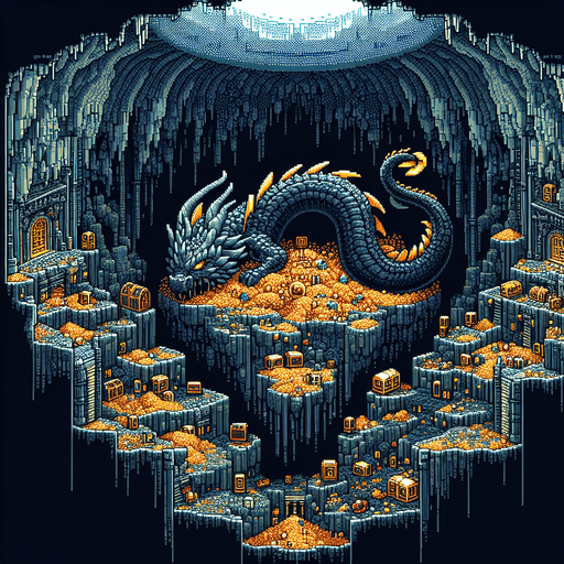 artistic background of the inside the depths of an unlit dark cave filled with a variety of treasures, and a dragon sleeping over a massive pile of treasure chests at its heart. pixelated. 8-bit.
Single Game Texture. In-Game asset. 2d. Blank background. High contrast. No shadows.