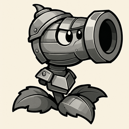 Make a peashooter that with gray armor and looks like it shoot cannon balls.
In-Game asset.  2d.  High contrast.  No shadows
