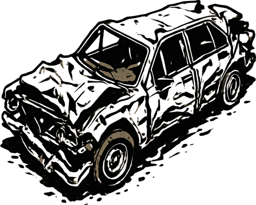 Coche destruido, algo retro visto desde arriba y en posición horizontal.
In-Game asset.  2d.  High contrast.  No shadows