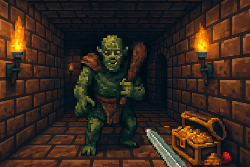 Fullscreen modern App Store landscape banner, 16:9, high definition, for a game titled "RayCaster Dungeon Crawler" and with the description "A first-person dungeon crawler using ray casting technology to create a pseudo-3D experience. Navigate maze-like dungeons, defeat monsters, and collect treasures as you explore increasingly challenging levels with authentic retro visuals.". No text on banner!