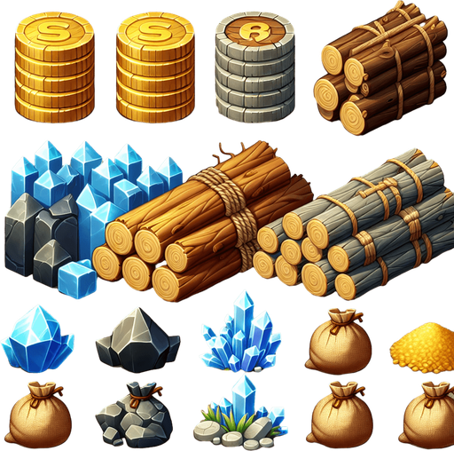 A neatly arranged collection of game resources for a strategy tycoon game. The set includes stacks of gold coins with shimmering highlights, bundles of wood tied with rope, piles of smooth gray stone blocks, shimmering crystal shards, and sacks overflowing with grains and food. Each resource has distinct, vibrant colors and semi-realistic textures, designed to be easily recognizable by players. The background is clean and neutral, ensuring the focus remains on the individual resource icons.
Single Game Texture.  In-Game asset.  2d.  Blank background.  High contrast.  No shadows