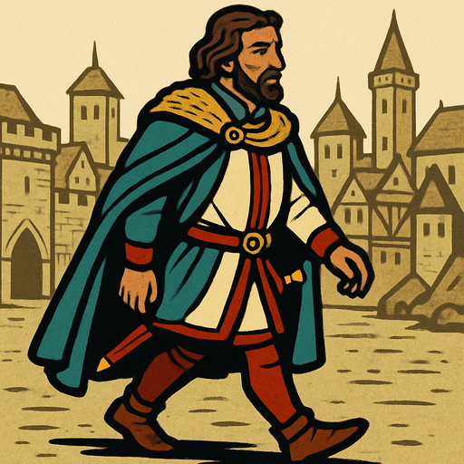 bir orta çağ şehrinin soylu dükü görünümünde yap orta yaşlarda sağdan solda yürür gibi.
In-Game asset.  2d.  High contrast.  No shadows