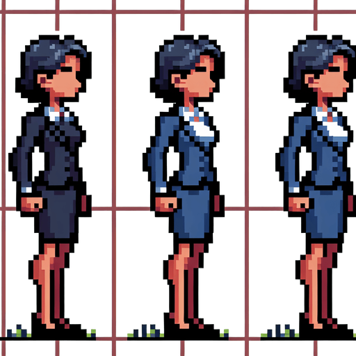 8-bit. cartoon. fancy office person. woman. seen from the side. in game assset. Single Game Texture. In-Game asset. 2d. Blank background. High contrast. No shadows.