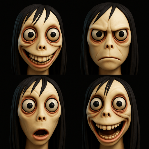 3D Scary but funny meme face of momo. face only. different faces look
In-Game asset.  3d.  High contrast.  No shadows
