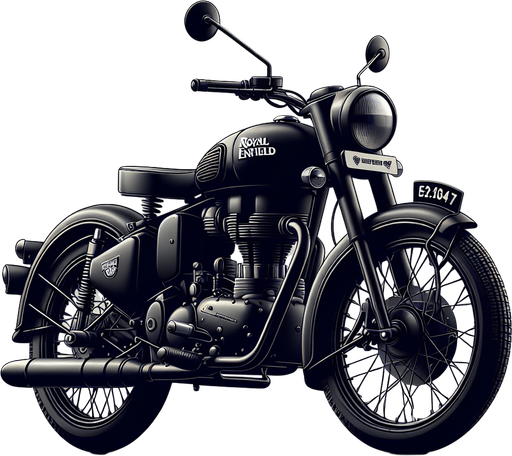 Royal Enfield bullet in black colour and full realistic.
Single Game Texture. In-Game asset. 2d. Blank background. High contrast. No shadows.