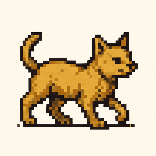 Pixel art orta çağ tarzında sarı yürüyen bir kedi beyaz arka planlı..
In-Game asset.  2d.  High contrast.  No shadows