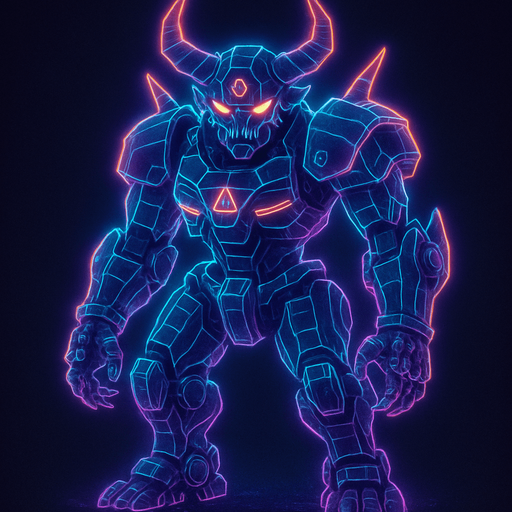 Neon cyberpunk 3d hologram corporate occult demon android mecha robot sentinel guard soldier machine monster fully in frame no part cut off no background anime futuristic