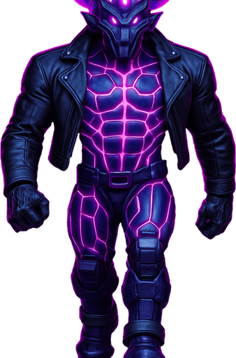 Black leather biker jacket longsleeves bare segmented neon cyberpunk pecs abs muscles robot monster hunk Neon cyberpunk 3d hologram corporate occult demon android mecha robot sentinel guard soldier machine monster fully in frame no part cut off no background anime futuristic Background removed, "Full-body character, entirely in frame, no cropping of face, head, or feet" "Complete character visible, from head to toe, fully centered in the image" "Entire character, including face and boots, fully within the frame" Character fully contained within a square frame, no edges cut off  horns through boots Walking animation