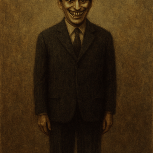 make his head backwards looking to camera and smiles uncanny horror