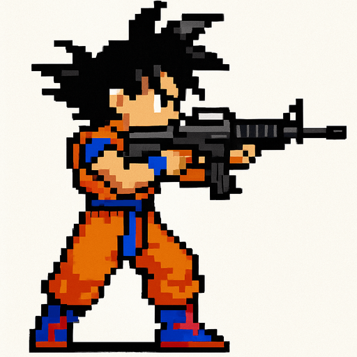 goku de dragon ball hecho con pixeles de cuepo completo con perspectiva lateral apuntando don un rifle de asalto m4
In-Game asset.  2d.  High contrast.  No shadows