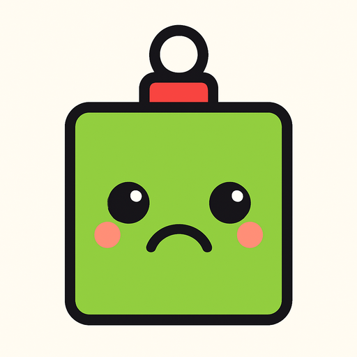 a sad perfectly square bright green Christmas decoration with cute happyy face. Cartoon style. Cute art style. Simple vector style. No Shadows.
In-Game asset.  2d.  High contrast.  No shadows