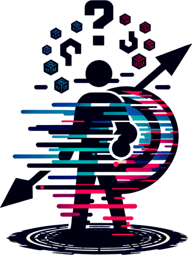 A silhouette of the hero glitching or flickering between different colors or slightly different forms. Could also be an upward arrow surrounded by swirling question marks or dice symbols..
Single Game Texture.  In-Game asset.  2d.  Blank background.  High contrast.  No shadows
