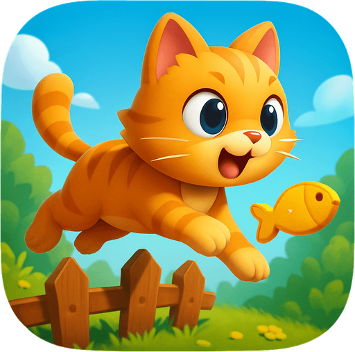 Modern App Store icon, high definition, square with rounded corners, for a game titled "Garden Cat Run" and with the description "Control a cat running through a garden, jumping over obstacles and collecting fish treats in this endless runner game.". No text on icon!