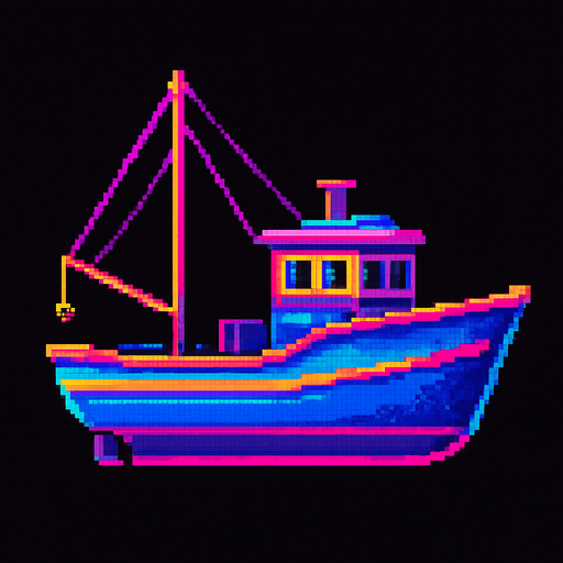 A small fishing boat. Full side profile view. 80s arcade machine graphics. no background