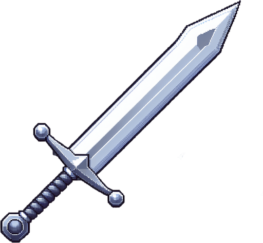 A pixel art medieval sword with a silver blade and gray handle. Simple design with a short crossguard. Include 4 frames of slash effect animation showing a white arc sweeping in front of the sword. Each frame of the arc covers about 45 degrees of motion, creating a 180-degree slash when played in sequence. Clean, high-contrast design..
Single Game Texture. Weapon sprite sheet. 16x16 pixels per frame. 4 frames horizontally aligned. Pixel art. Transparent background. Game weapon asset. No anti-aliasing. High contrast. Clean edges. White and gray color palette. 2D game element.