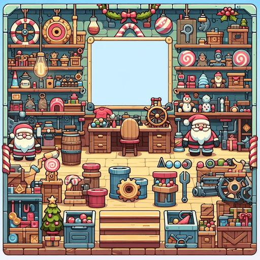 Background for hyper casual puzzle game. Showing Santas workshop. Pastel colors, flat shaded, vector art. Single Game Texture. In-Game asset. 2d. Blank background. High contrast. No shadows.