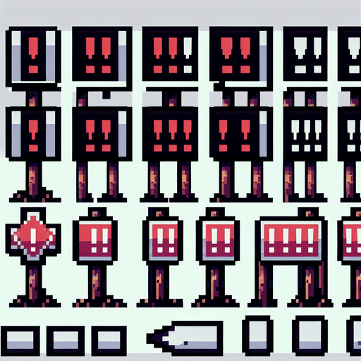 A sprite sheet of signs with exclamation points on them.
Single Game Texture. In-Game asset. 2d. Blank background. High contrast. No shadows.